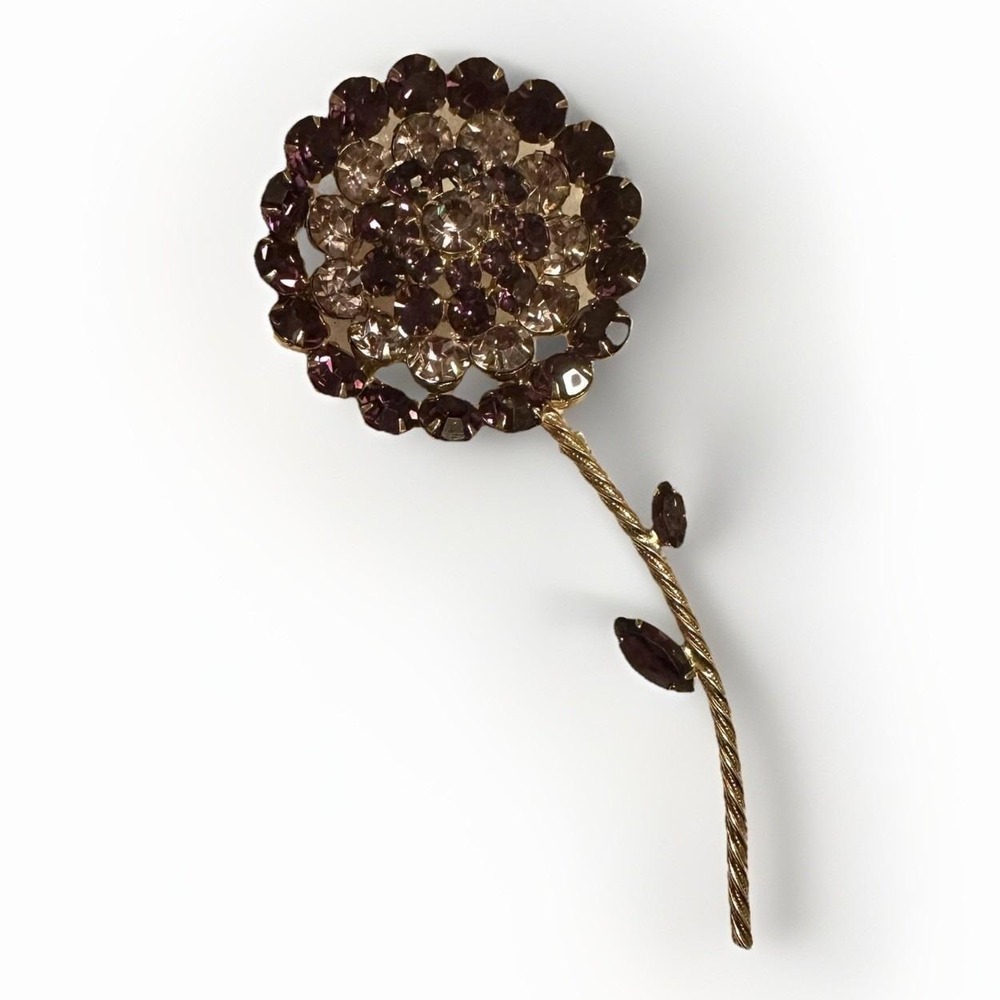 Large Vintage Purple Amethyst Rhinestone Flower Pin‎ 5.25"